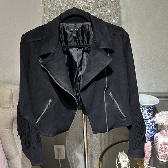 Torrid Black Micro Suede Black Fringe Jacket - Picture 2 of 3